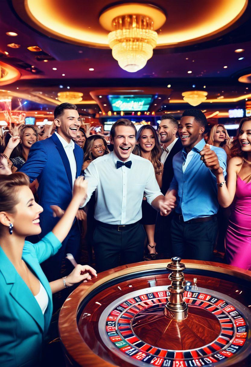 A colorful landscape of a bustling casino, featuring joyful people celebrating wins around a roulette table and slot machines. In the foreground, a diverse group of friends sharing laughter and high-fives, surrounded by glittering lights and vibrant colors. The atmosphere radiates excitement and happiness, inviting readers to enjoy the thrill of betting. super-realistic. vibrant colors. lively atmosphere.