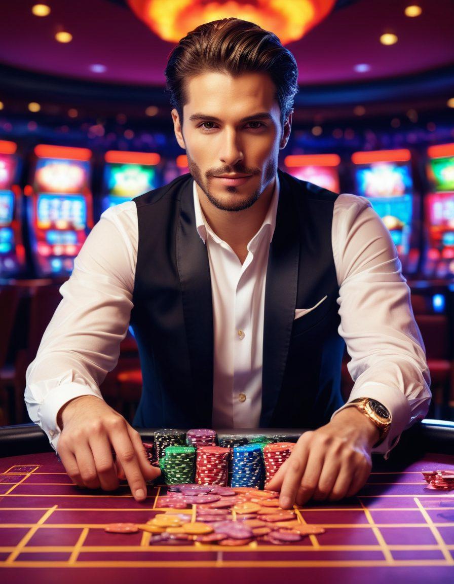 A dynamic scene showcasing a stylish gambler at a sleek casino table, surrounded by colorful chips and cards, exuding confidence and focus. The background features vivid neon lights and lively patrons, highlighting the excitement of the gambling environment. Incorporate elements like a winning streak displayed on a digital screen and a cheering crowd in the distance. Illustrate a sense of strategy and triumph. super-realistic. vibrant colors.