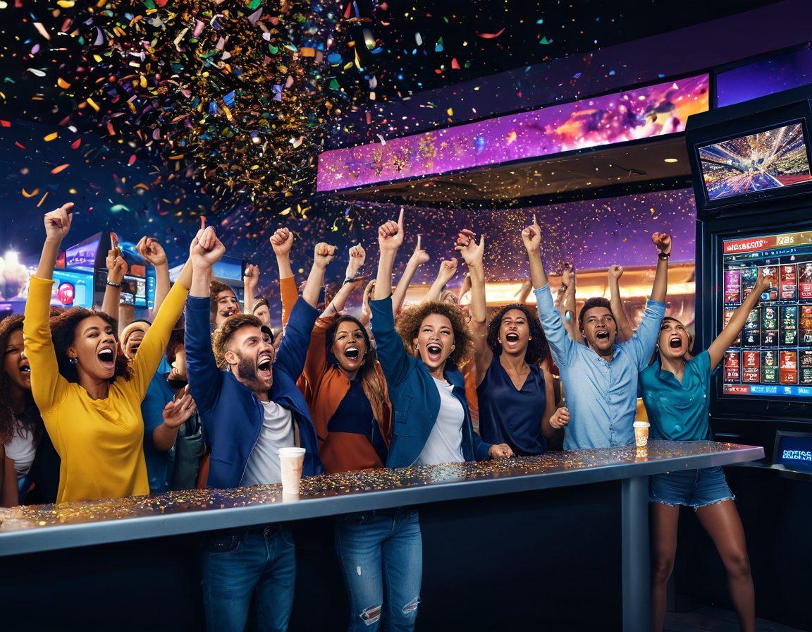 A high-energy scene capturing the excitement of betting, featuring a diverse group of people cheering around a sports betting kiosk, with bright screens displaying odds and live games. Dynamic expressions of joy and anticipation, with colorful confetti flying in the air. The background showcases a vivid cityscape at night, highlighting excitement and adventure. super-realistic. vibrant colors. high contrast.